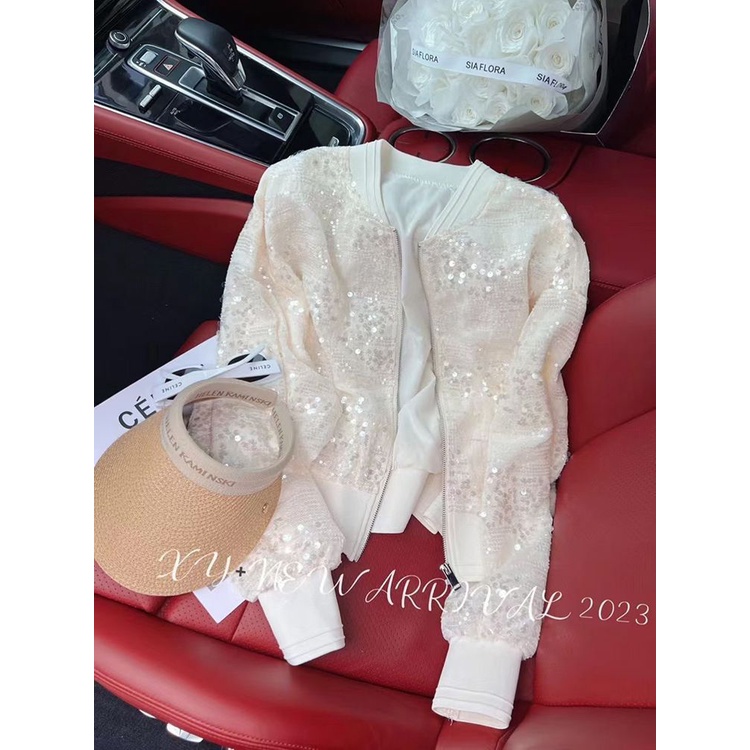 Áo Khoác Bóng Chày Mỏng Dáng Ngắn Đính Kim Sa Lấp Lánh Thời Trang Xuân Hè Cho Nữ