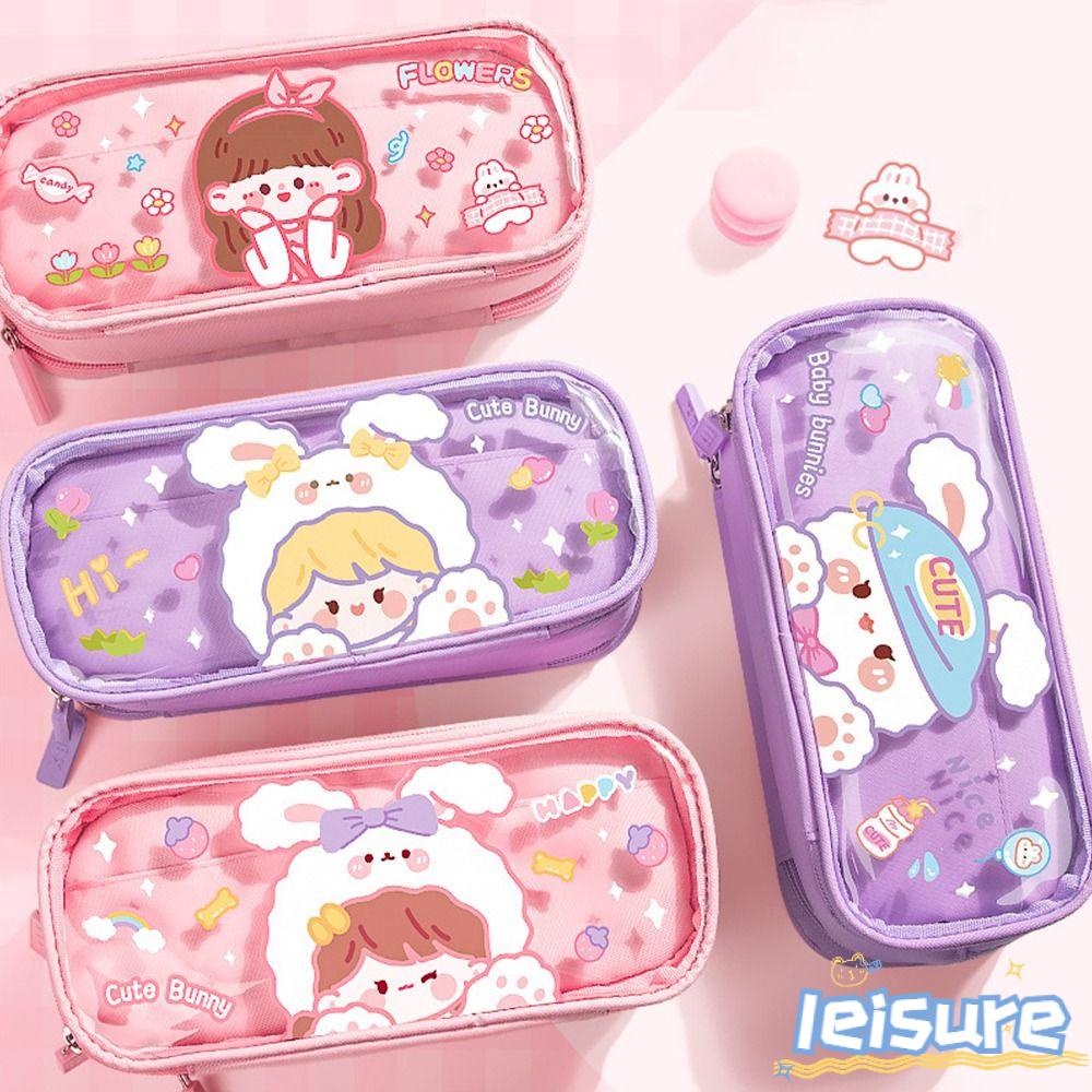 LEISURE Túi Đựng Bút Chì / Mỹ Phẩm Ba Ngăn Trong Suốt Họa Tiết Hoạt Hình Có Khóa Kéo Thời Trang