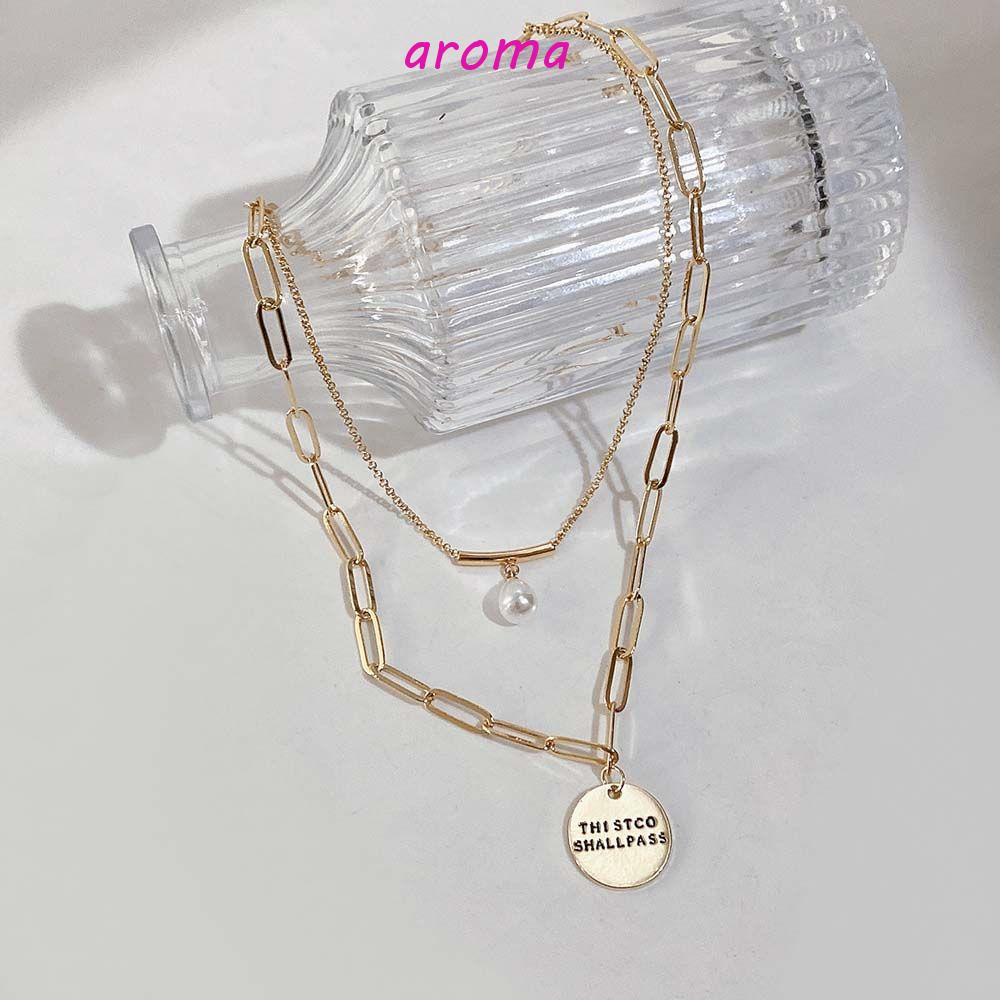 AROMA Vòng Cổ Choker Hai Lớp Mặt Đồng Xu Khắc Chữ Phong Cách Hàn Quốc