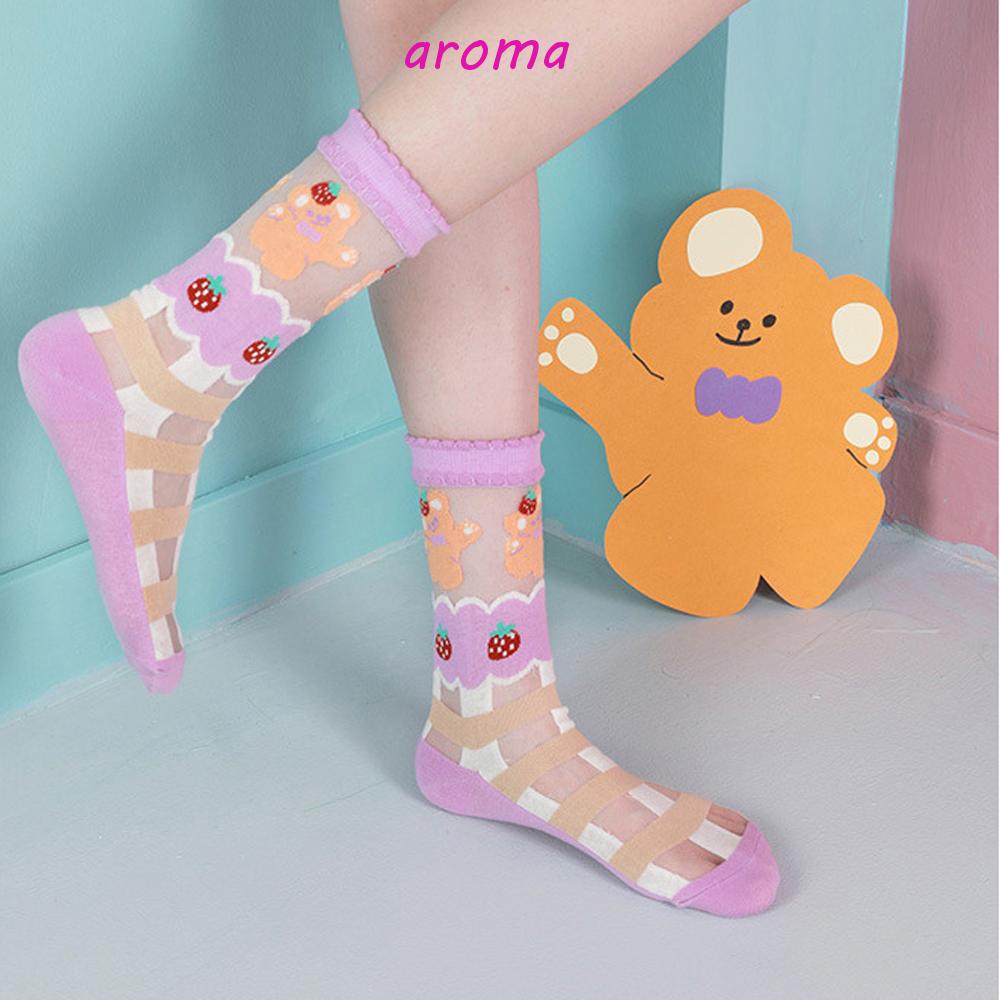 AROMA Tất Lưới Thoáng Khí Họa Tiết Gấu Dễ Thương Cho Nữ