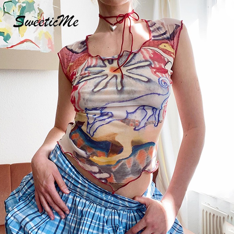 Áo Croptop Tay Ngắn Dáng Ôm In Họa Tiết Màu Nhuộm Thời Trang 2023 Cho Nữ