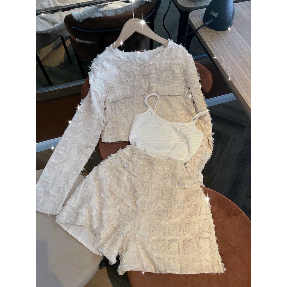 Set croptop dạ long vũ kèm áo croptop trong + short kem