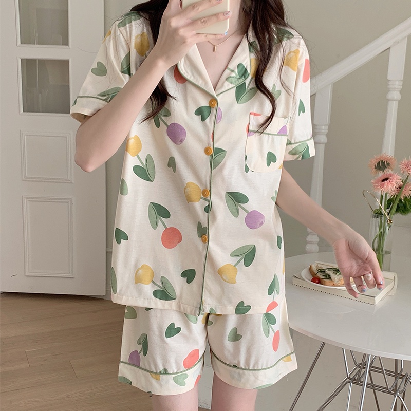 Bộ Đồ Ngủ Cotton Ngắn Tay Họa Tiết Hoa Nhiều Màu Xinh Xắn Theo Phong Cách Mùa Hè
