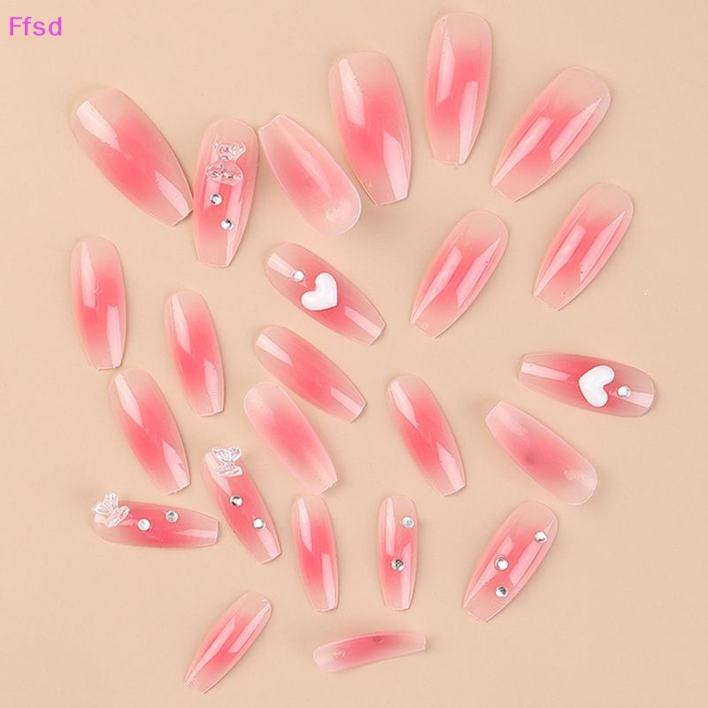 {Ffsd} Set 24 Móng Tay Giả Dán Trang Trí Toàn Diện Hình Bướm Có Thể Mang Theo