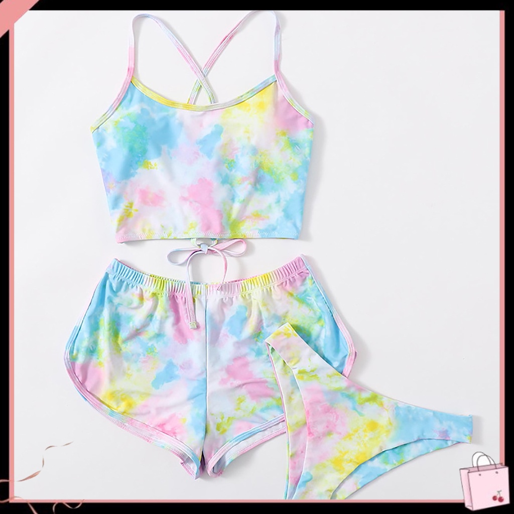 Bộ Đồ Bơi 3 Mảnh Gồm Áo Ba Lỗ + Quần Đùi Lưng Thun + Áo Nhuộm Màu Phong Cách Thể Thao Cho Nữ