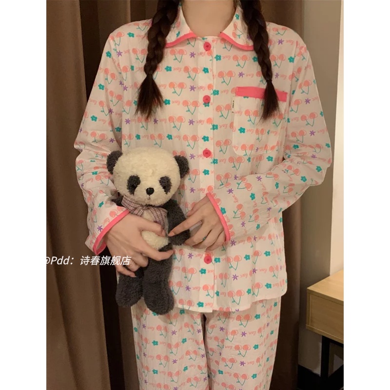 Bộ Đồ Ngủ Tay Dài In Họa Tiết Cherry Phong Cách Hàn Quốc Thời Trang Xuân Thu Cho Nữ