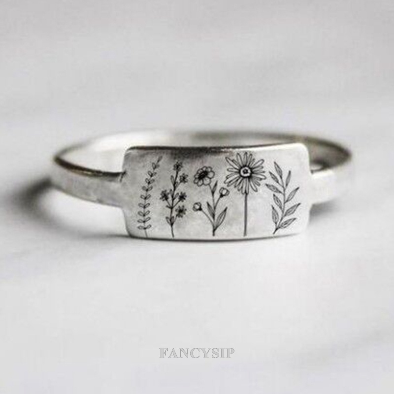 Nhẫn Hở Hình Hoa Màu Bạc Bằng Kim Loại Phong Cách Punk Hàn Quốc Cổ Điển Có Thể Điều Chỉnh Kích Cỡ