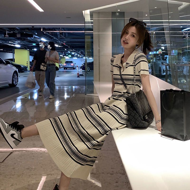 Đầm polo Dệt Kim Kẻ Sọc Dáng Ôm Phong Cách Hàn Quốc Dễ Phối Đồ Thời Trang Cho Nữ