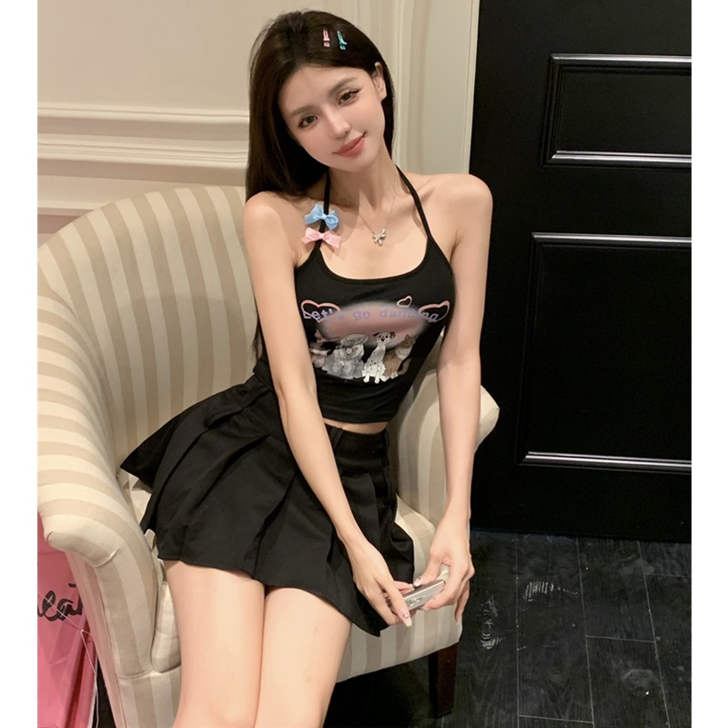 Áo Hai Dây Cổ Yếm In Họa Tiết Hoạt Hình Phong Cách Quyến Rũ