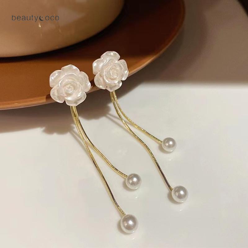 Beautycoco🍊Đôi Bông Tai Dáng Dài Đính Hoa Trà  Phối Tua Rua Thời Trang Cho Nữ,Bông tai mạ bạc 925 hình hoa trà đính ngọc trai phong cách mới 2023