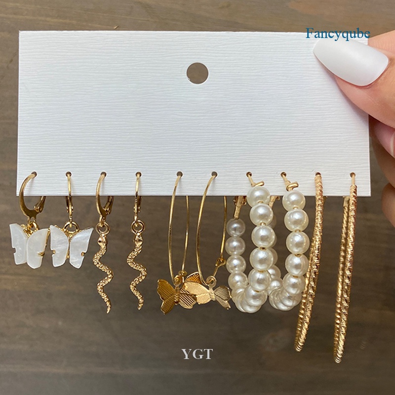 Ygt Khuyên Tai Vòng Hình Bướm Màu Vàng / Bạc Đính Ngọc Trai / Rắn Bằng Resin Thời Thượng