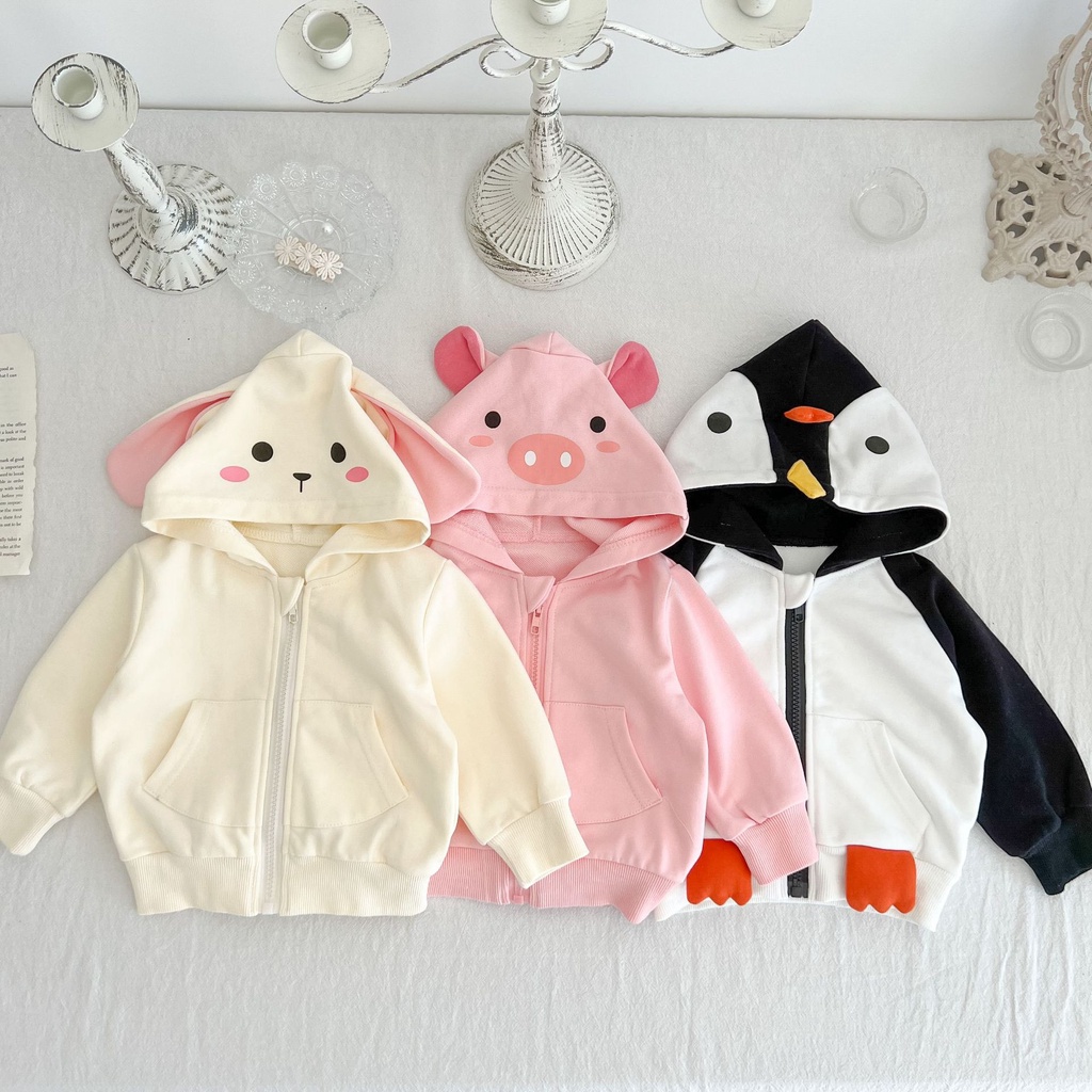 Áo Khoác cardigan Tay Dài Có Nón Bằng Vải cotton In Họa Tiết Động Vật Nhỏ Thời Trang Cho Bé Gái