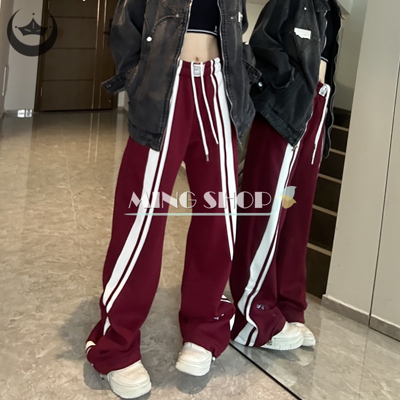 Ming Quần Thể Thao Ống Rộng Kẻ Sọc Trắng Đỏ Thời Trang Cho Nữ TH