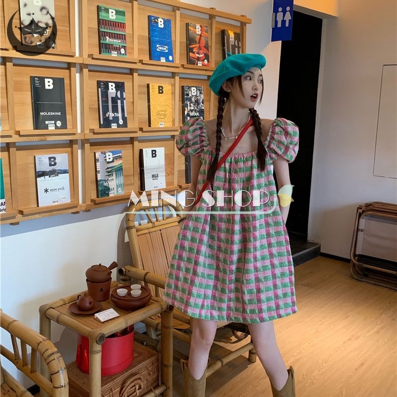 Đầm Mini Đi Biển Mùa Hè Dáng Rộng Tay Phồng Kẻ Sọc Caro Boho Cho Nữ TH