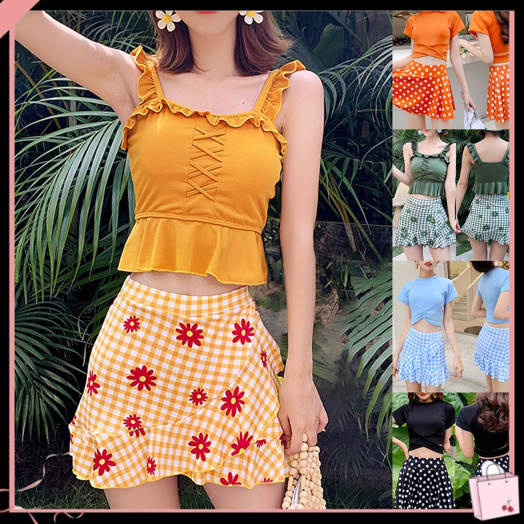 Bộ Đồ Bơi 2 Mảnh Trễ Vai Lưng Cao Nhún Bèo Họa Tiết Sọc Caro Ngọt Ngào