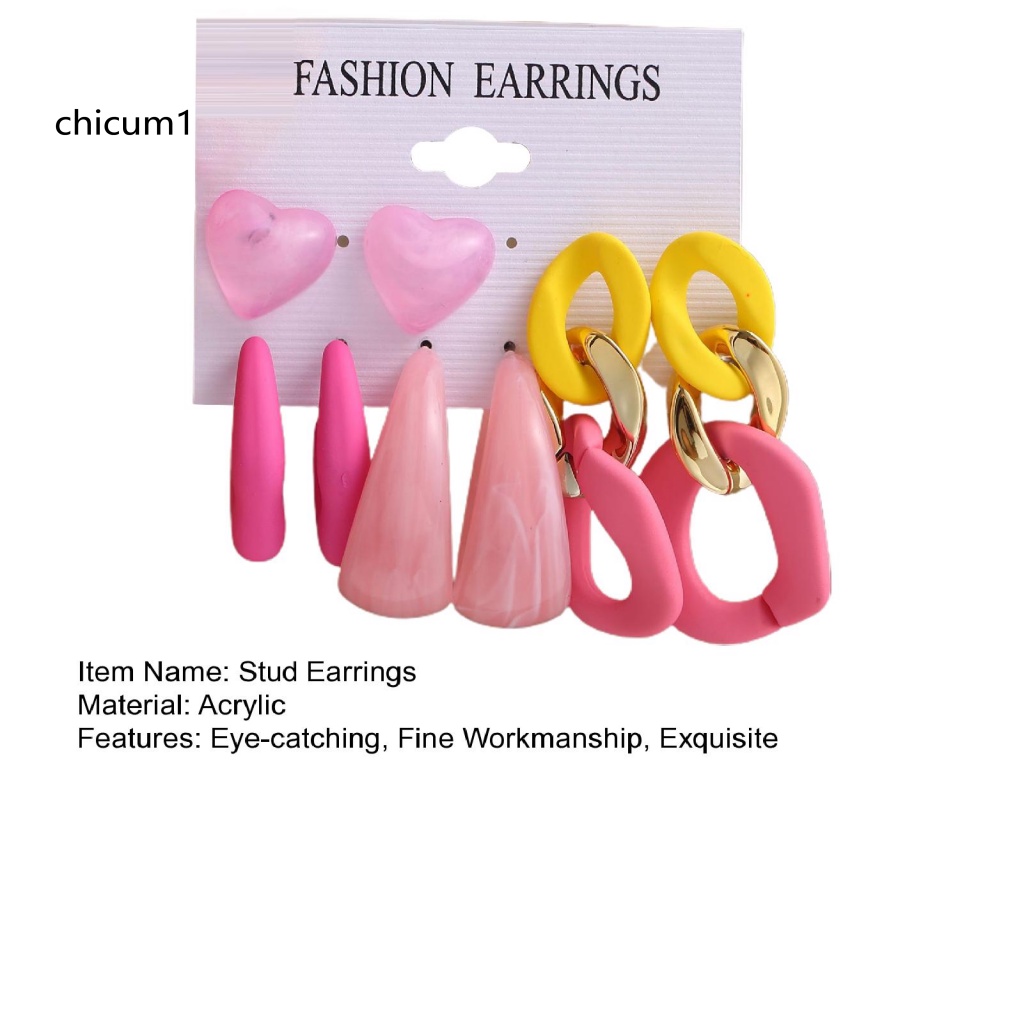 Set 4 / 6 Đôi Khuyên Tai Acrylic Hình Học Màu Kẹo Ngọt Thời Trang