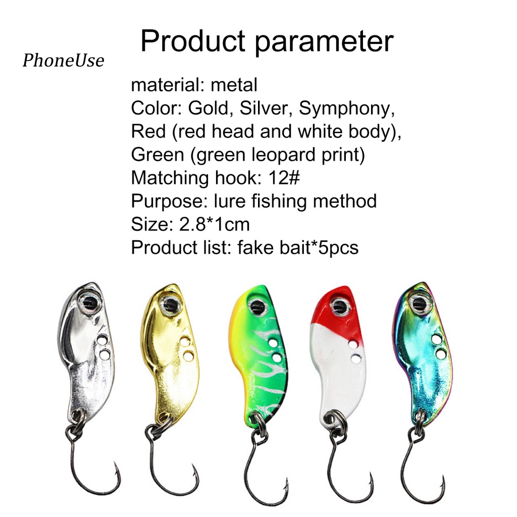 Pu Set 5 Mồi Giả Nhử Cá Mắt 3D Bằng Kim Loại 28mm Gắn Kèm Móc Câu