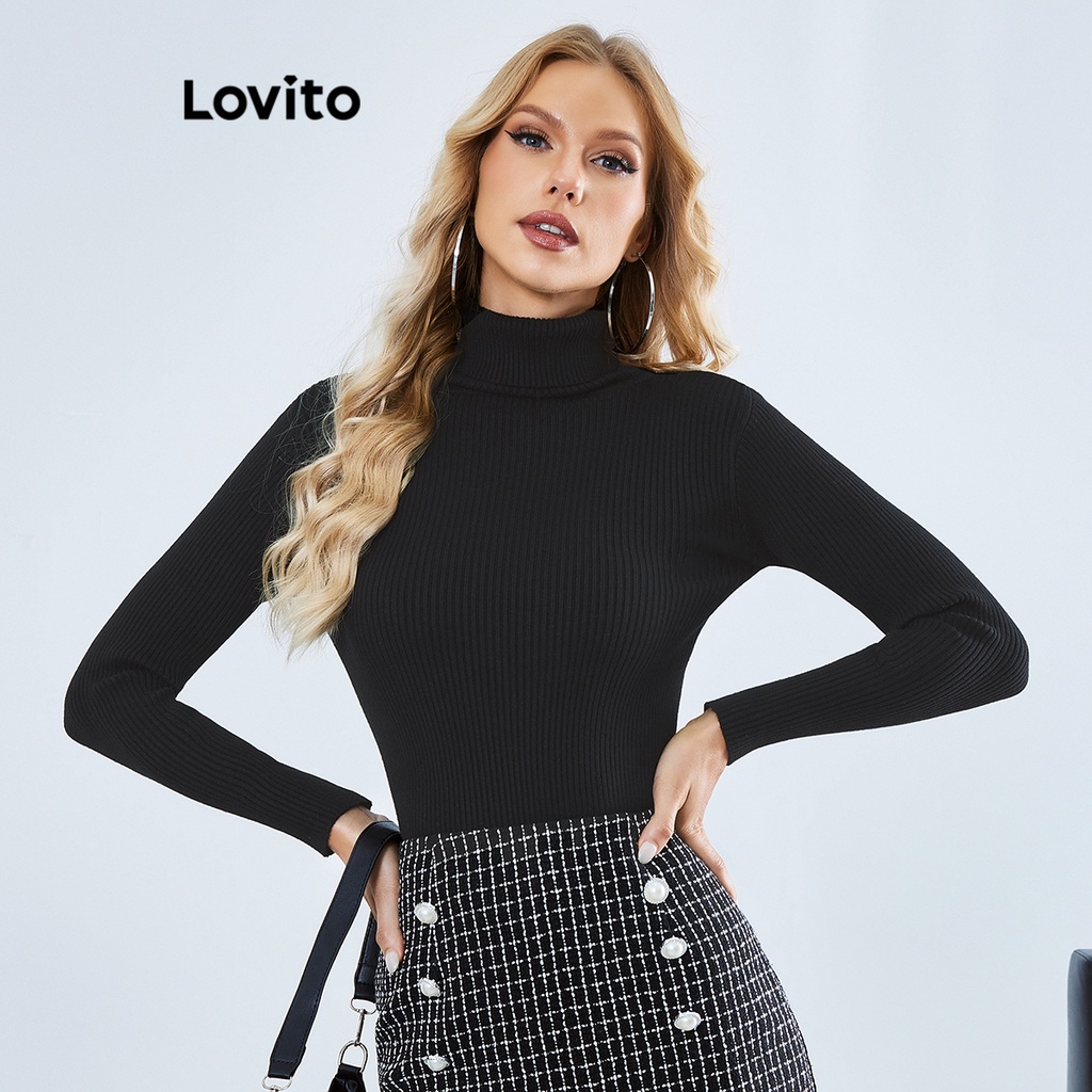 Lovito Áo len trơn cơ bản giản dị cho nữ LBE01010 (Trắng đen)