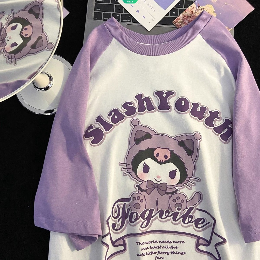 SANRIO Áo Thun Cotton Tay Ngắn Dáng Rộng In Hình Kuromi Hoạt Hình Phong Cách Hàn Quốc Thời Trang Mùa Hè Cho Nữ