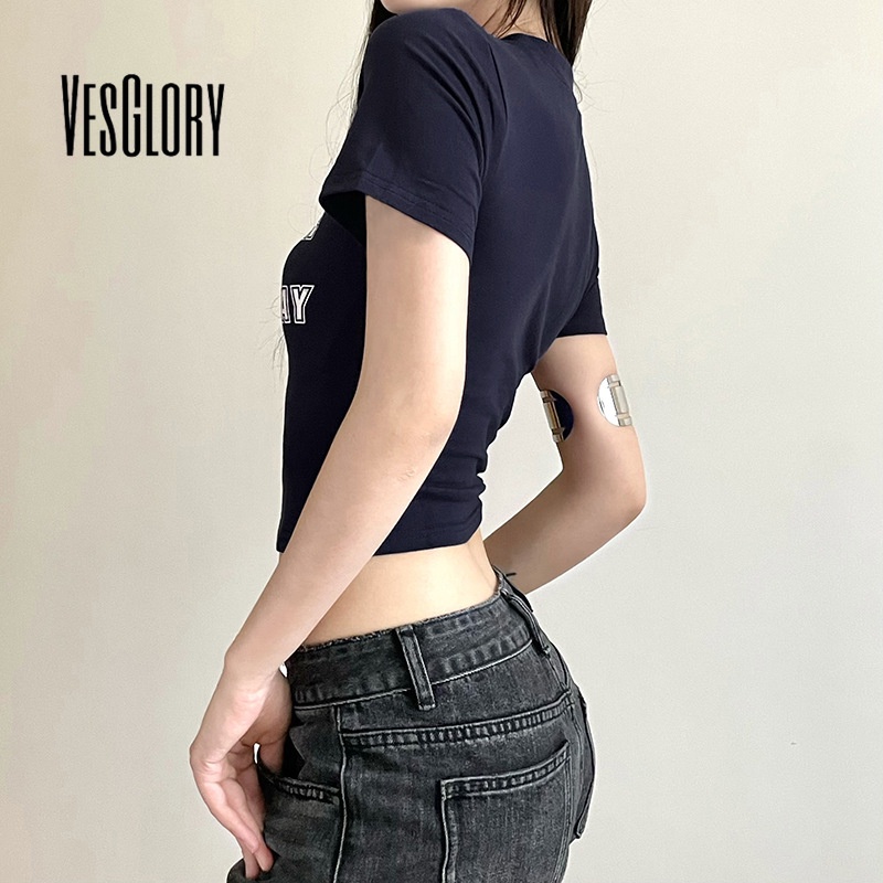Áo Thun Croptop Cổ Tròn Tay Ngắn Dáng Ôm In Chữ Màu Sắc Tương Phản Thời Trang Cho Nữ 2023