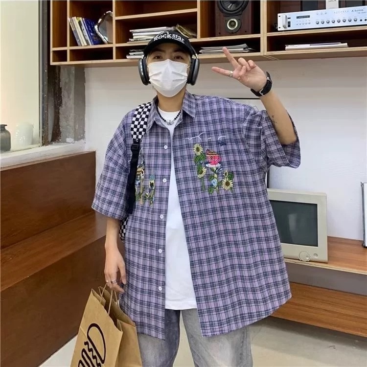 Áo Sơ Mi Nam Dáng Rộng Họa Tiết Caro Thời Trang Phong Cách Hàn Quốc