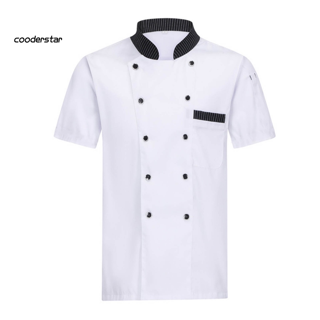 Áo Đồng Phục Đầu Bếp Ngắn Tay Cổ Đứng Phối Màu Cá Tính Thoáng Mát Cho Nam Nữ