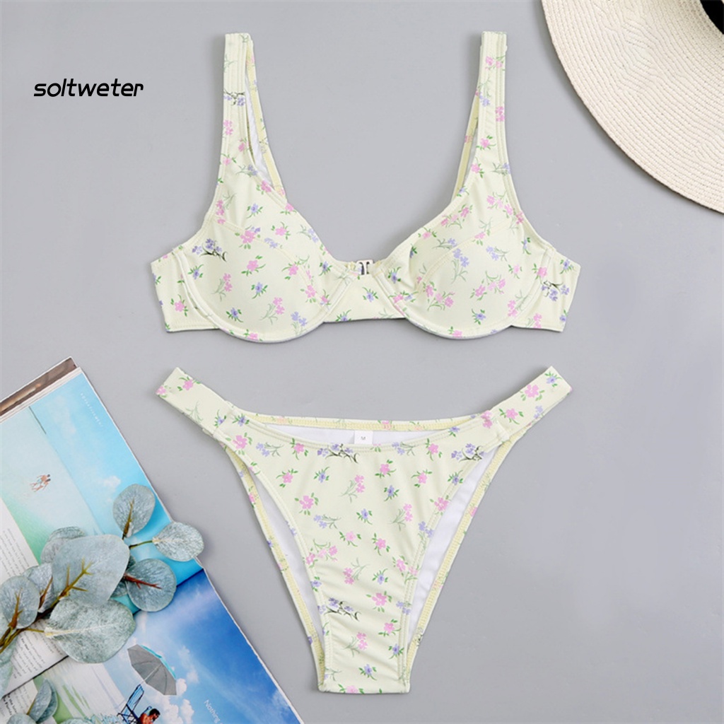 Bộ Đồ Bơi Bikini 2 Mảnh Hở Vai Họa Tiết Hoa Quyến Rũ Cho Nữ