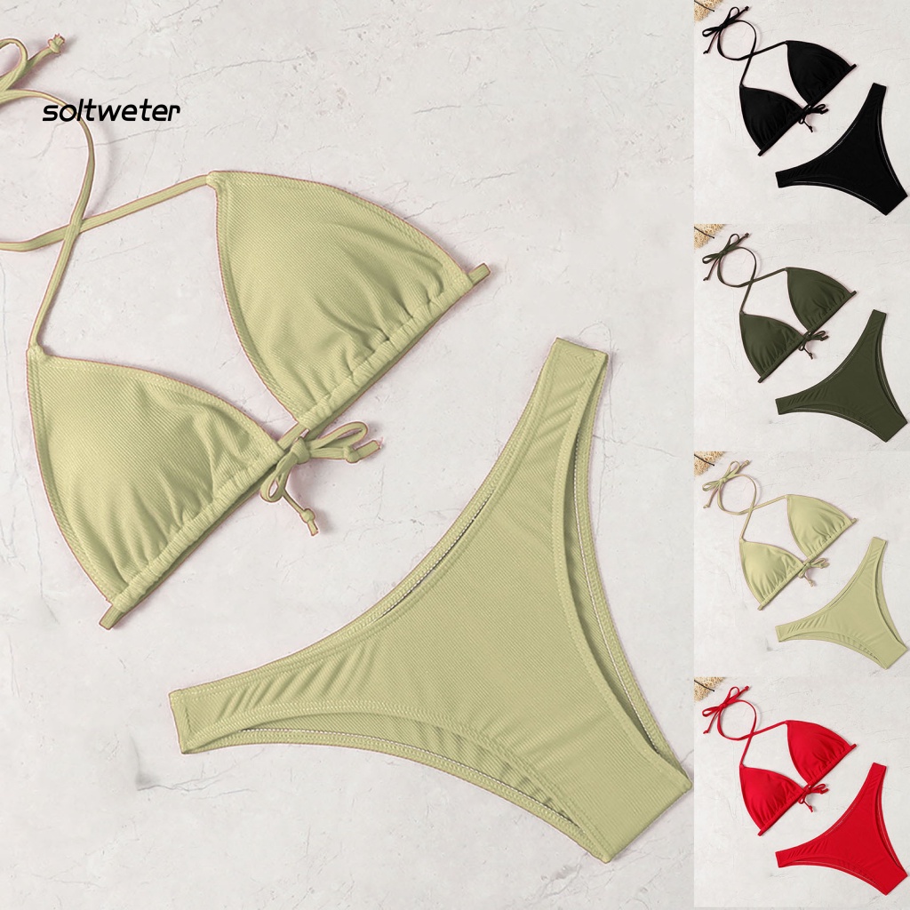 Bộ Bikini Tam Giác Màu Sắc Trơn Dây Điều Chỉnh Được Tiện Dụng Đi Bơi