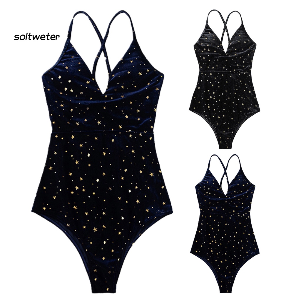 Bộ Đồ Bơi Lưng Cao Bằng Vải Nhung Đính Nơ Họa Tiết Ngôi Sao Năm Cánh Dáng Ôm Thời Trang Đi Biển Cho Nữ