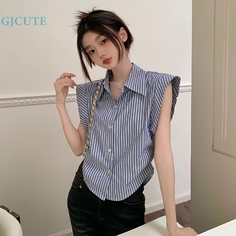 Áo Sơ Mi Kẻ Sọc Dáng Ôm Cổ Điển Thời Trang Mùa Hè Đơn Giản Dành Cho Nữ