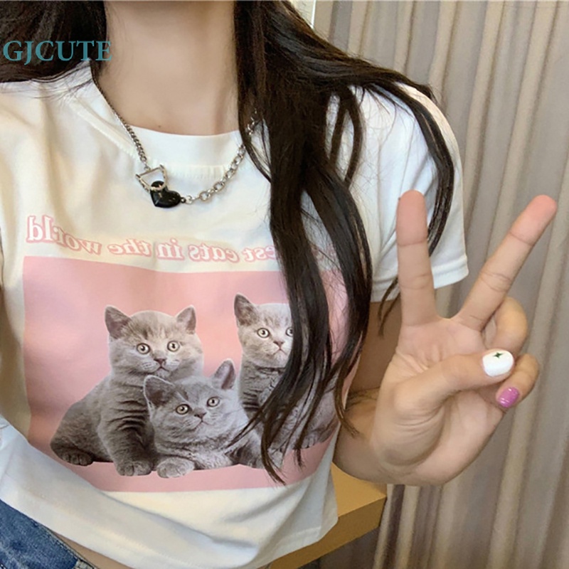 Áo Thun Crop Top Tay Ngắn Cổ Tròn In Hình Mèo Dễ Thương Phong Cách Mỹ Thời Trang Mùa Hè Cho Nữ