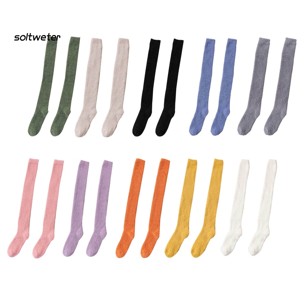 1 Đôi Tất Dài Qua Gối Vải Lông Cừu San Hô Dày Màu Trơn Giữ Ấm Mùa Thu Đông Phong Cách Nhật Bản