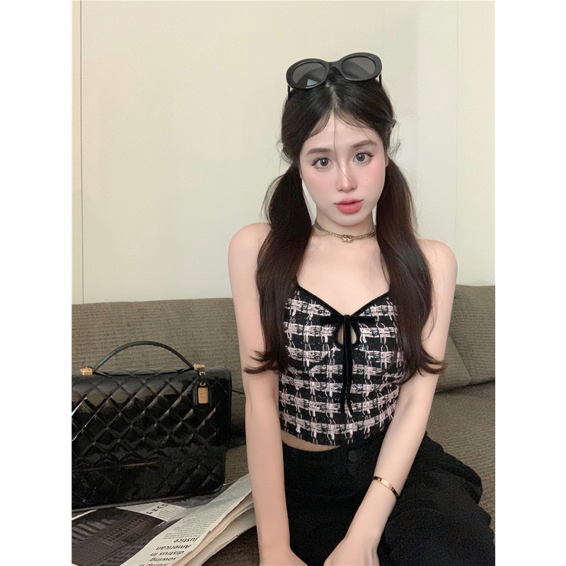 Áo Hai Dây Cổ Chữ V Họa Tiết Sọc Caro Phong Cách Quyến Rũ