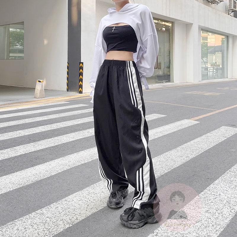 Quần Dài Thể Thao Kẻ Sọc Ngang Eo Co Giãn Có Túi Bên Hông Cho Nữ