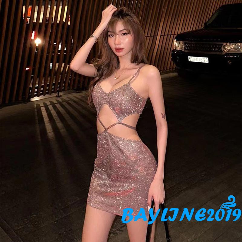 Đầm Dự Tiệc Hai Dây Hở Lưng Cột Dây Họa Tiết Lấp Lánh Thời Trang Mùa Hè Cho Nữ