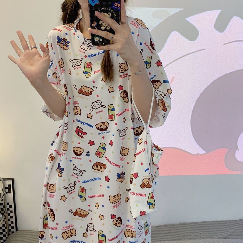Đồ ngủ Dáng Dài Tay Ngắn In Họa Tiết Dễ Thương Thời Trang Cho Nữ