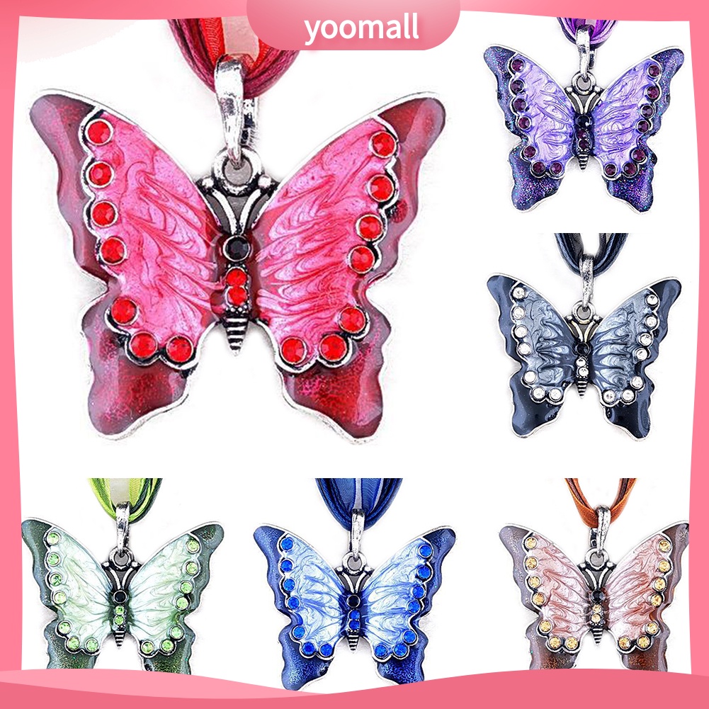 Vòng cổ Mặt Hình Bướm Tráng Men Đính Đá Phong Cách Vintage