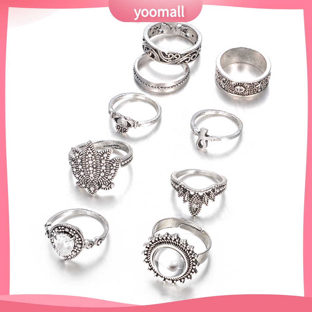 Bộ 9 Nhẫn Đeo Đốt Ngón Tay Đính Đá Phong Cách Retro Cho Nữ