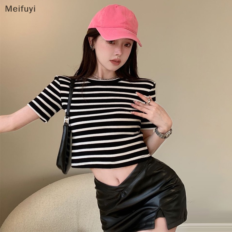[Meifuyi] Summer Vintage Stripe Short Sleeve Knitted T-shirt Women Round Neck Slim Crop Top COD