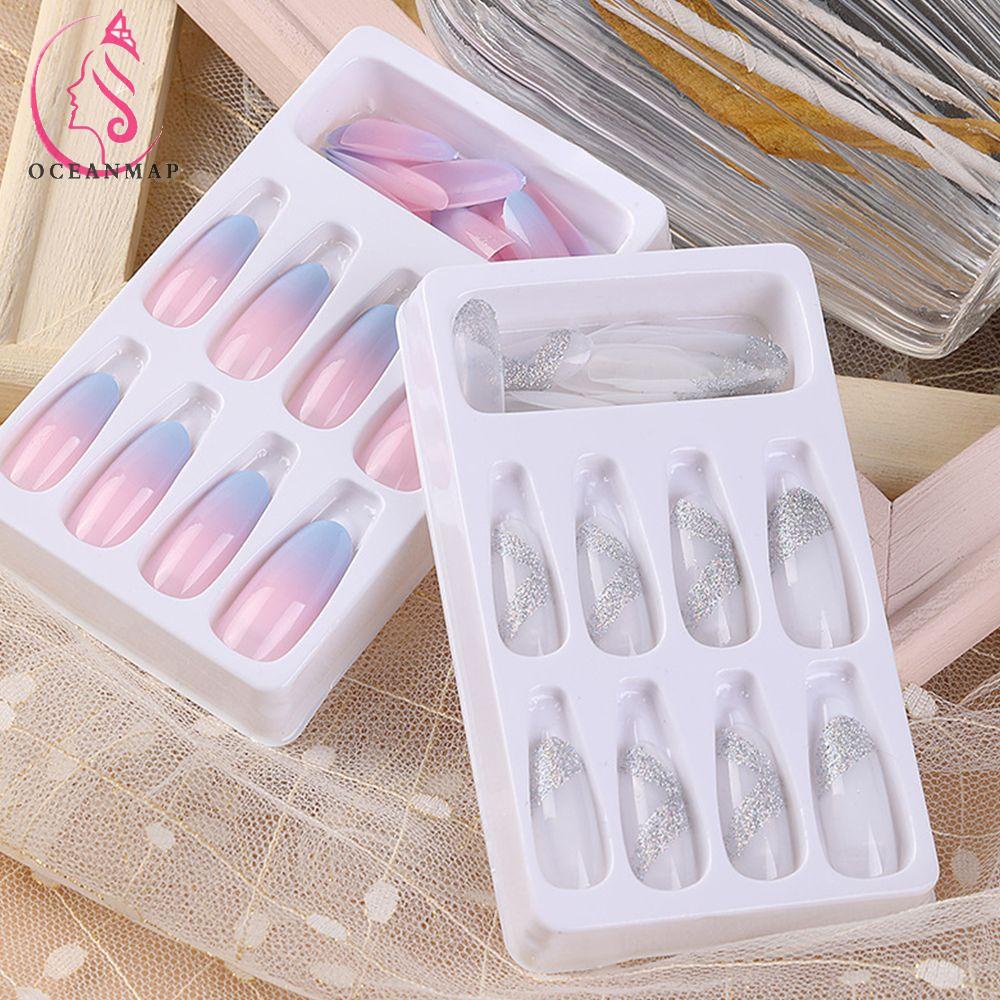 OCEANMAP Bộ Móng Tay Giả Che Phủ Toàn Diện Kèm Keo Dán Hình Bầu Dục Đường Gợn Sóng Trang Trí Móng