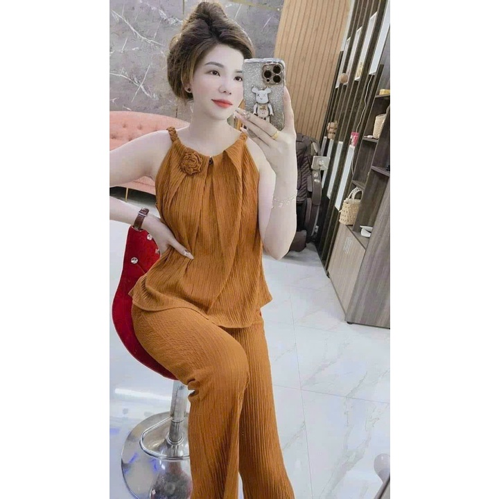 Set Bộ Chất Xốp Áo Cổ Yếm Đính Hoa Kèm Quần Dài Suông , 5 Màu Nâu Đen Xanh Đỏ , Chất Co Dãn Nhẹ
