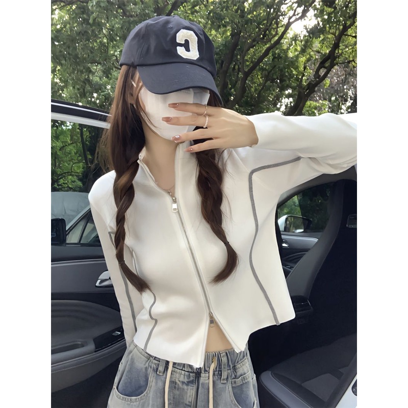 Áo Khoác Phối Khóa Kéo Đôi Màu Tương Phản Phong Cách Mỹ Cổ Điển Thời Trang Mùa Thu Cho