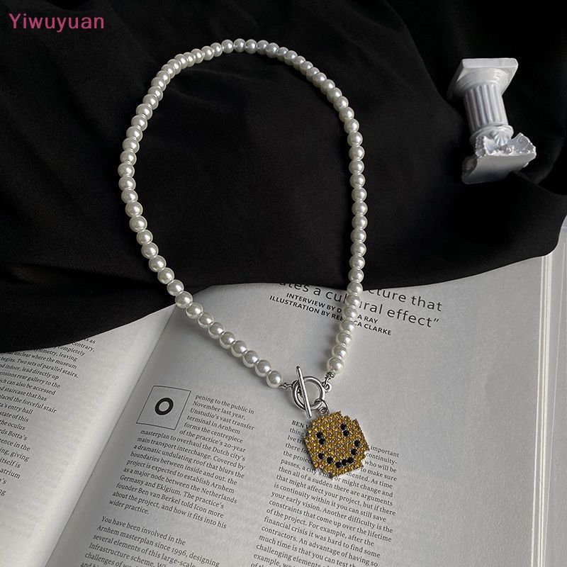 < Yiwuyuan > Vòng cổ Ngọc Trai Mặt Cười Pha Lê Thời Trang Mới Cho Nam Và Nữ