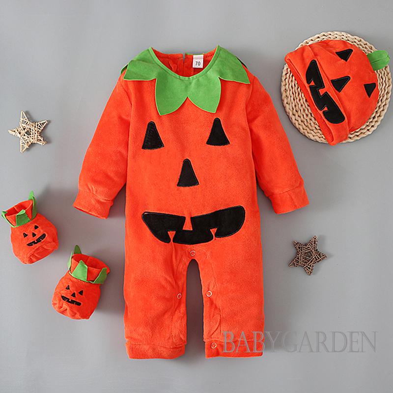 Set 4 Món Áo Liền Quần Tay Dài &amp; Mũ Trùm &amp; Giày In Họa Tiết Halloween Cho Bé