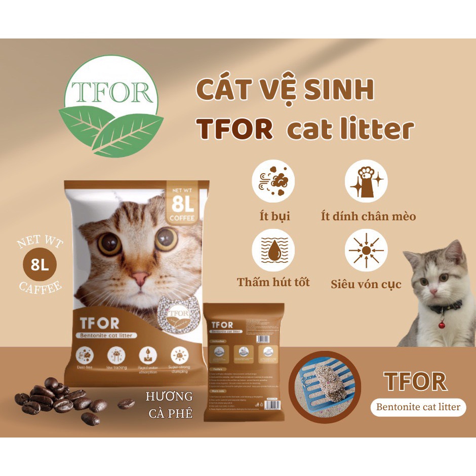 Cát vệ sinh đất sét cho mèo khử mùi vón cục Tfor Bentonite 8l