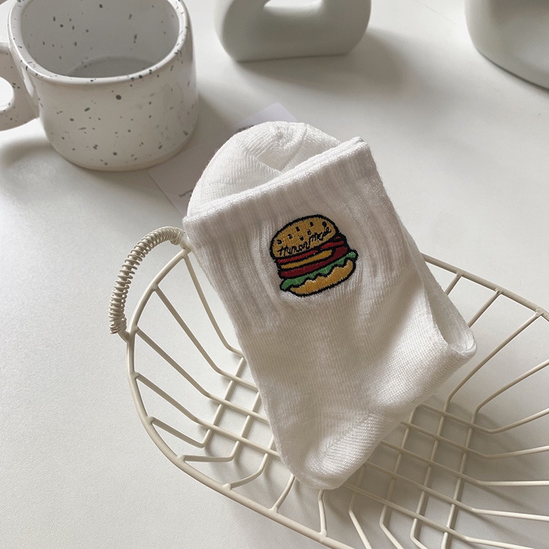 Vớ Thể Thao Cổ Vừa Thêu Họa Tiết Burger Hoạt Hình Nhật Bản Đơn Giản Thời Trang Cho Nam Và Nữ