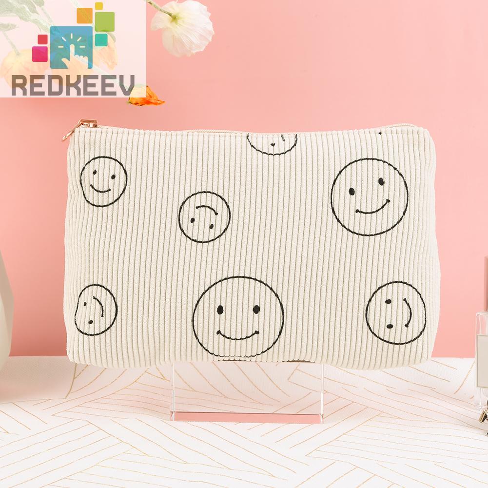 Túi Đựng Mỹ Phẩm Hai Mặt Bằng Vải Nhung Kẻ Dễ Thương Xinh Xắn
