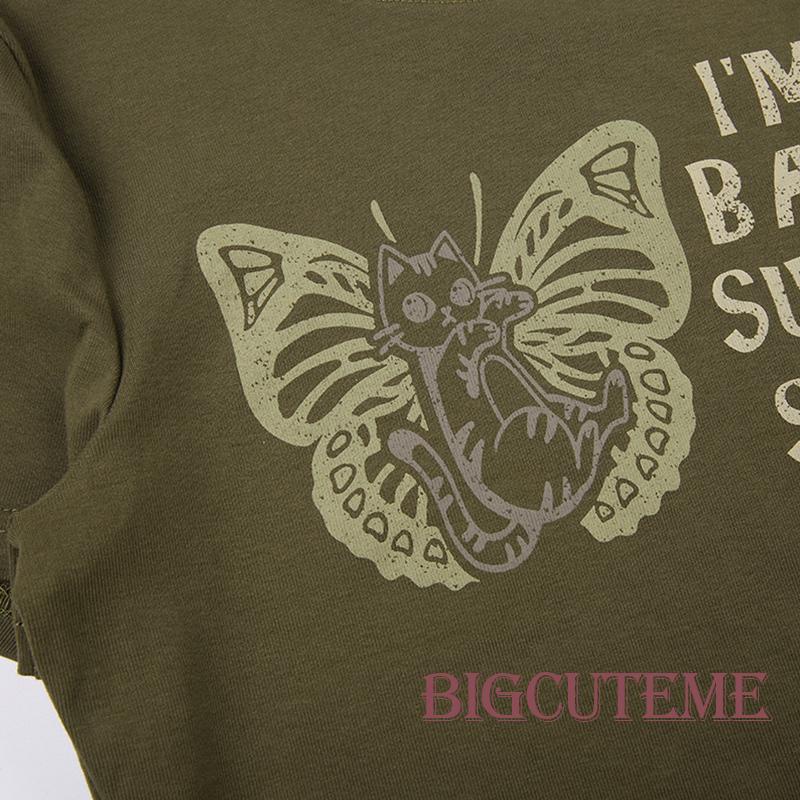 Áo Thun Crop Top Tay Ngắn In Họa Tiết Bướm Và Chữ Phong Cách Đường Phố Thời Trang Mùa Hè Cho Nữ