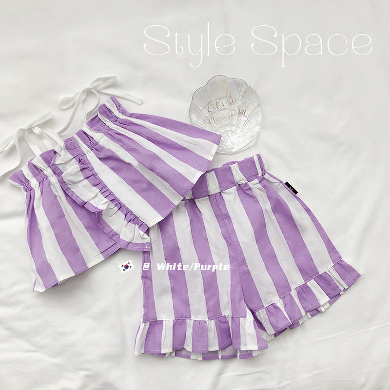 Set Áo Thun Sọc Ngang + Quần Short Yếm Phong Cách Hàn Quốc Cho Bé Gái