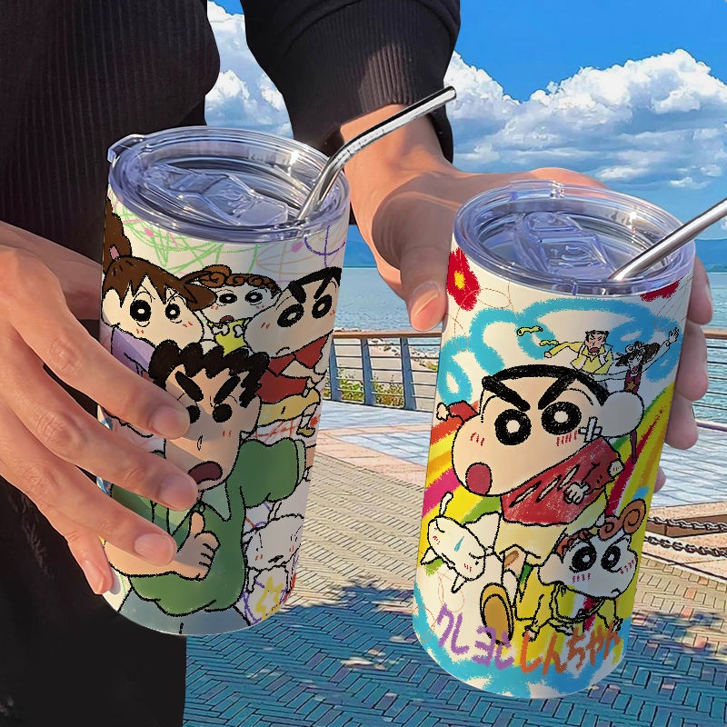 Bình Nước Giữ Nhiệt Bằng Thép Không Gỉ 304 Cao Cấp In Họa Tiết Hoạt Hình Shin-Chan Kèm Ống Hút Tiện Dụng